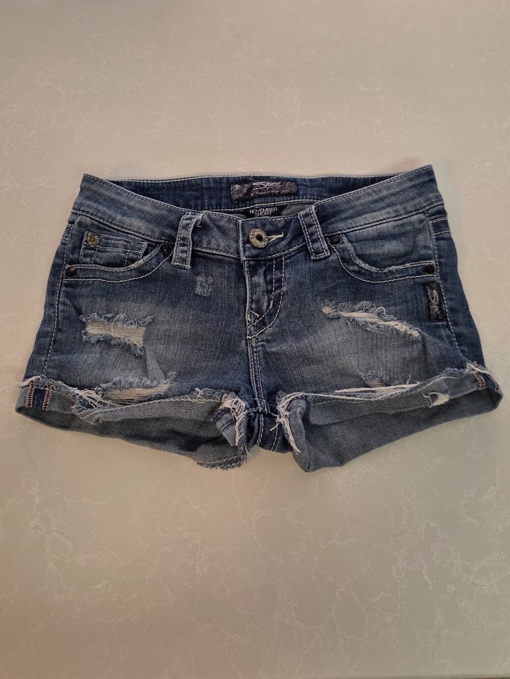 Silver Brand Med/Dark Blue Distressed Denim Women's Shorts W24
